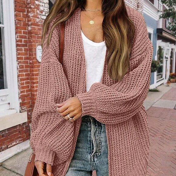 Sweaters - Pink Casual Women's Solid Color Lantern Sleeve Cardigan